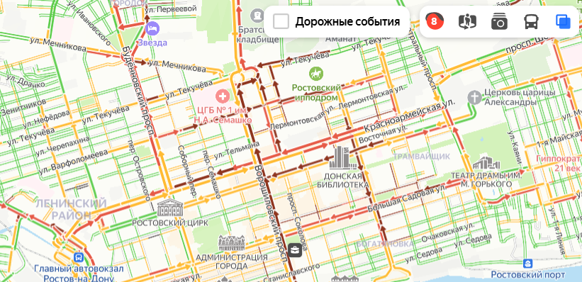 Фото: заторы в Ростове вечером 20 мая, Яндекс.Карты Фото: заторы в Ростове вечером 20 мая, Яндекс.Карты